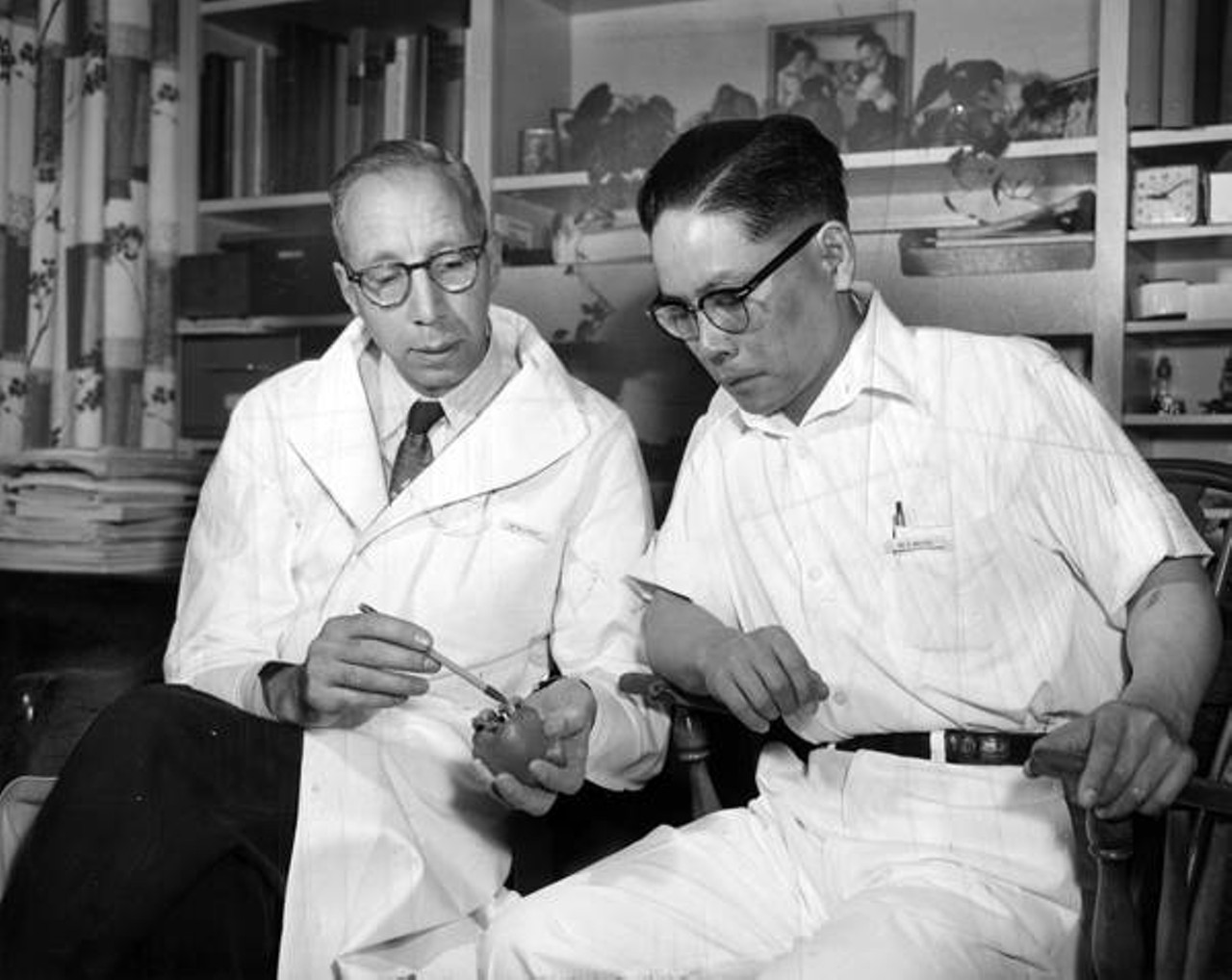  Drs. Willem Kolff and Tetsuzo Akitsu Examine an Artificial Heart Developed at the Cleveland Clinic, 1958 